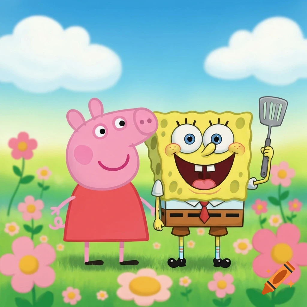 Peppa Pig and SpongeBob SquarePants smile together in a colorful field with pink and yellow flowers under a blue sky.