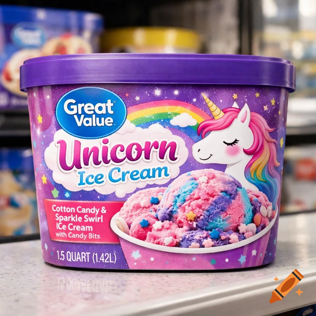 A purple tub of "Great Value Unicorn Ice Cream" with a rainbow and a cartoon unicorn on the label, sitting on a store shelf.
