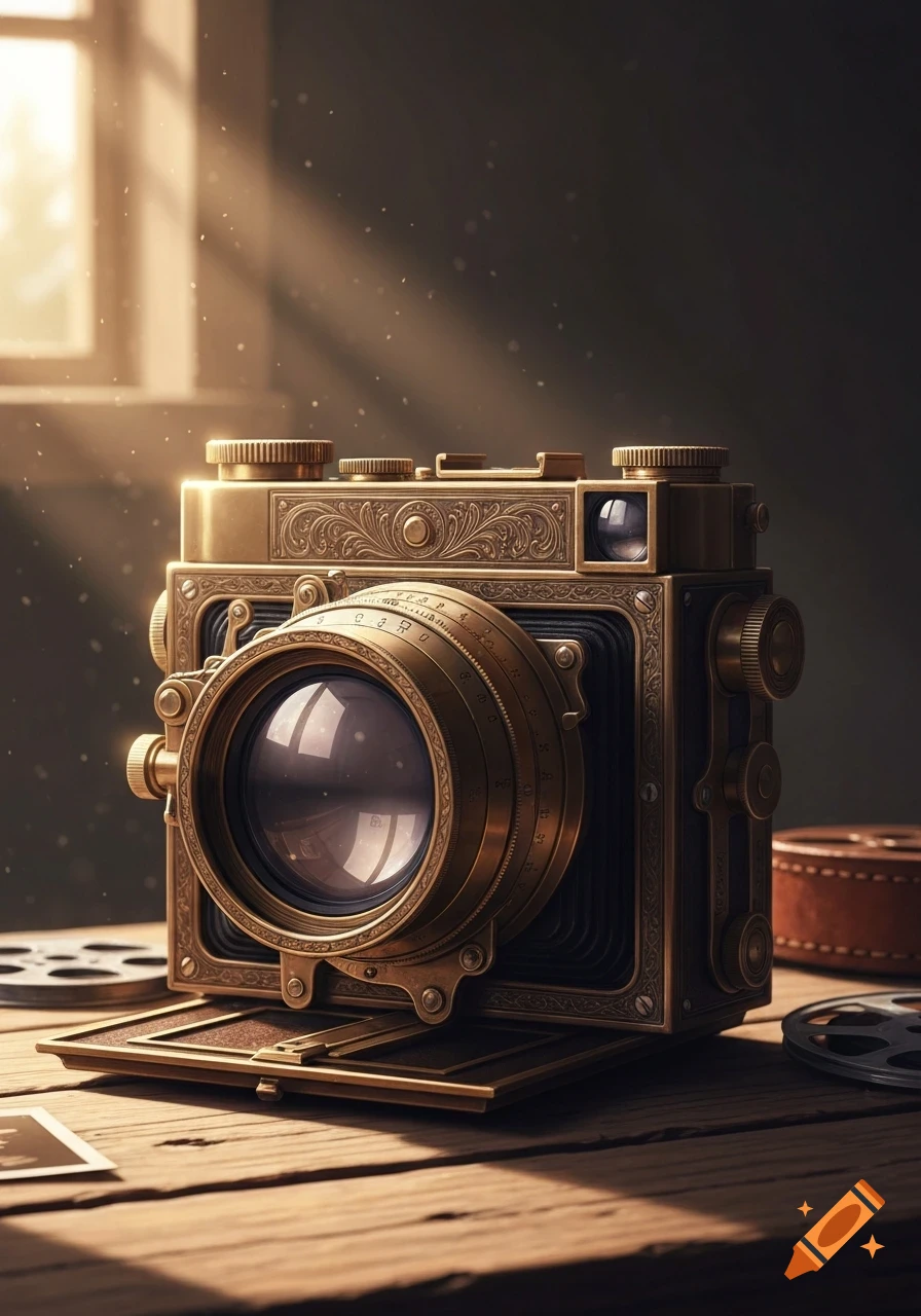 An ornate antique brass camera with an accordion body, sitting on a wooden table, illuminated by a sunbeam from a window.