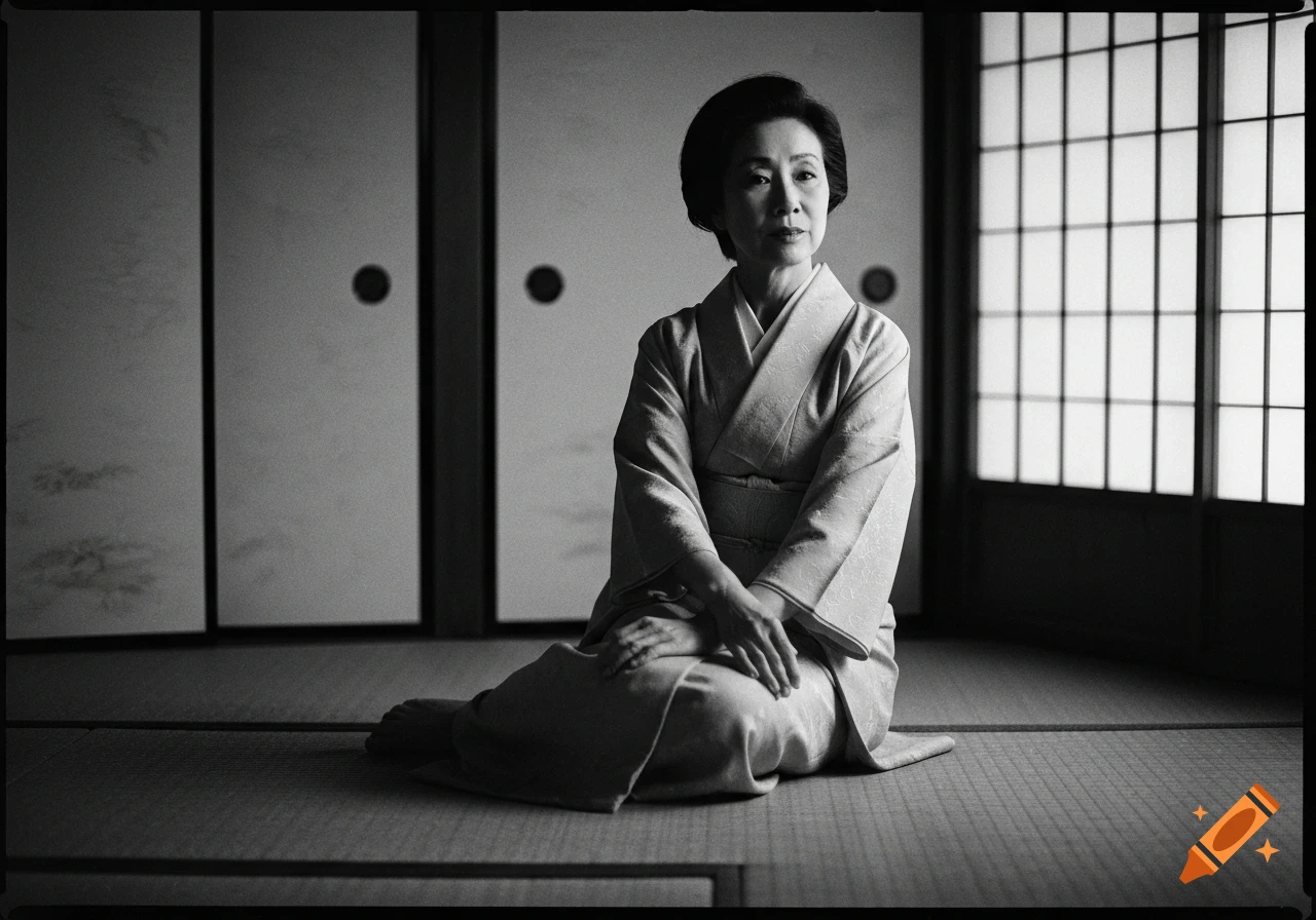 Adult Japanese woman kneeling in a traditional tatami room with shoji screens, in a black and white fine art photograph.