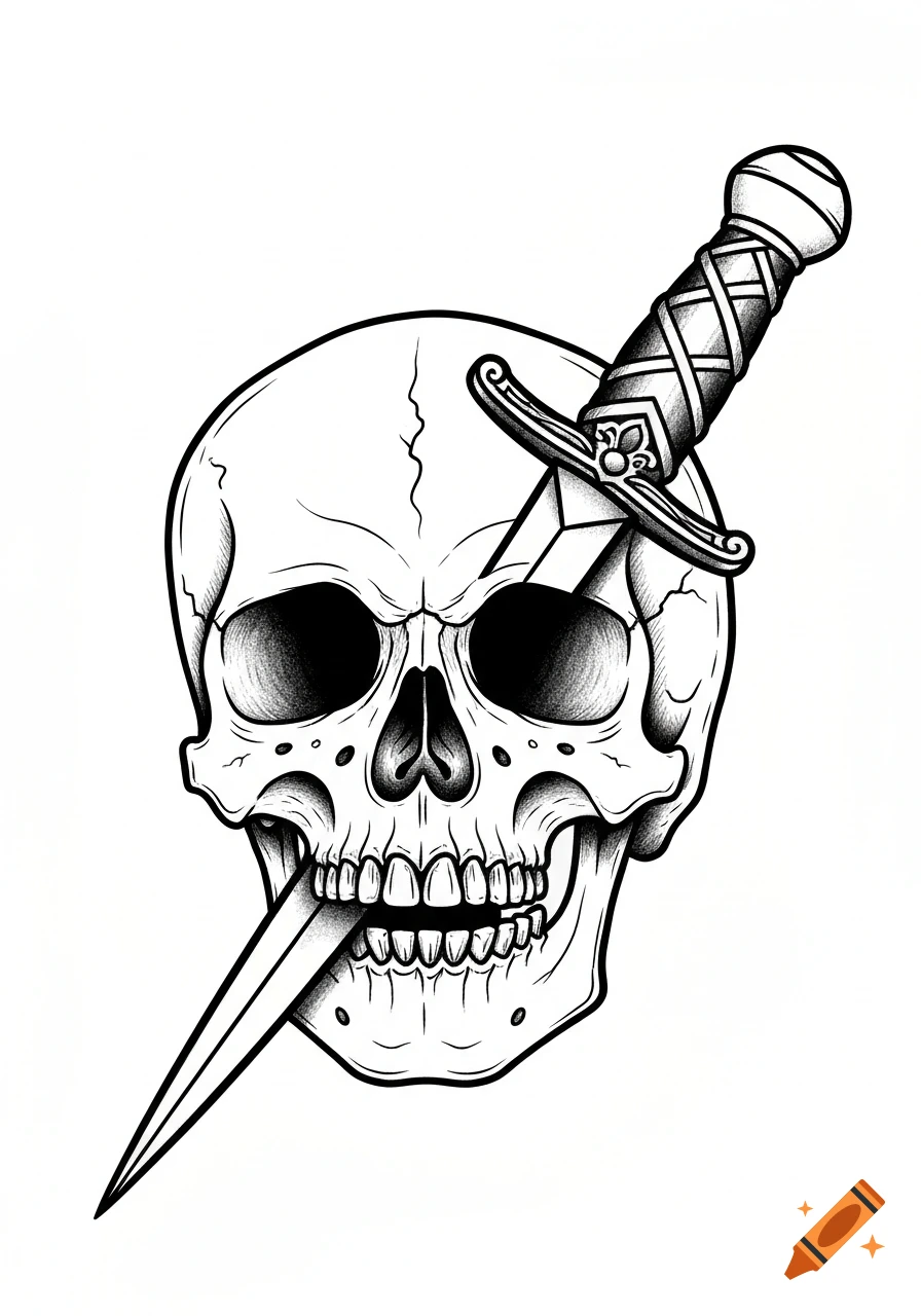 Black and white tattoo sketch of a human skull with a dagger piercing its head and another in its mouth.