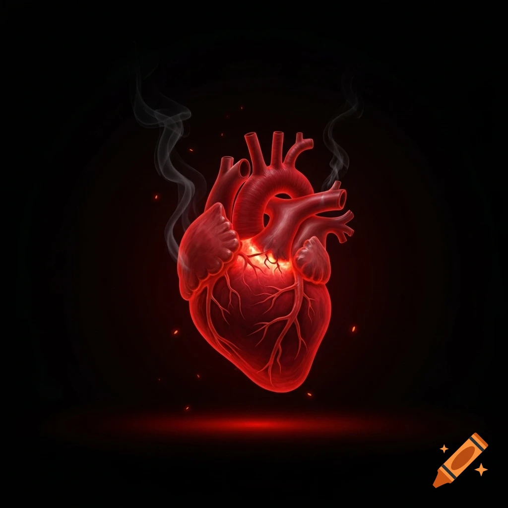 A glowing, stylized red human heart with smoke and embers floats in a dark void.