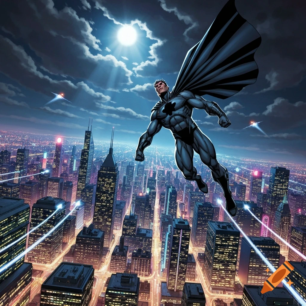 A muscular superhero in a dark costume and cape flies high above a sprawling futuristic city lit up at night, in a dynamic comic book style.