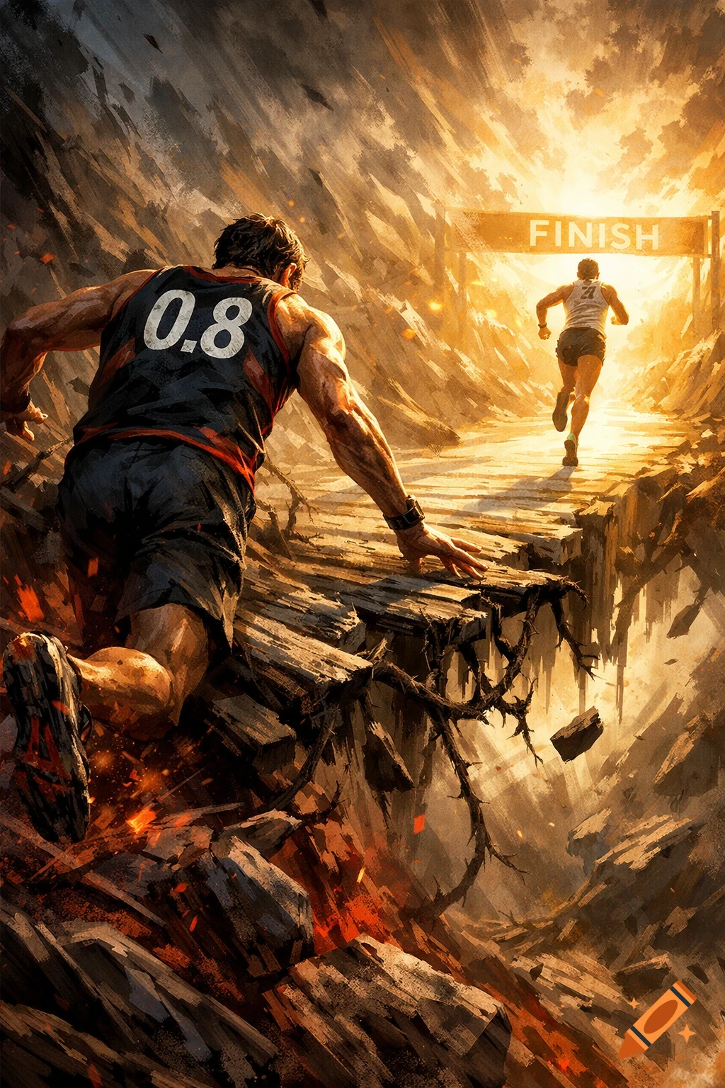 Digital painting of two runners, one on a crumbling, fiery path with '0.8' on his shirt, the other nearing a finish line.