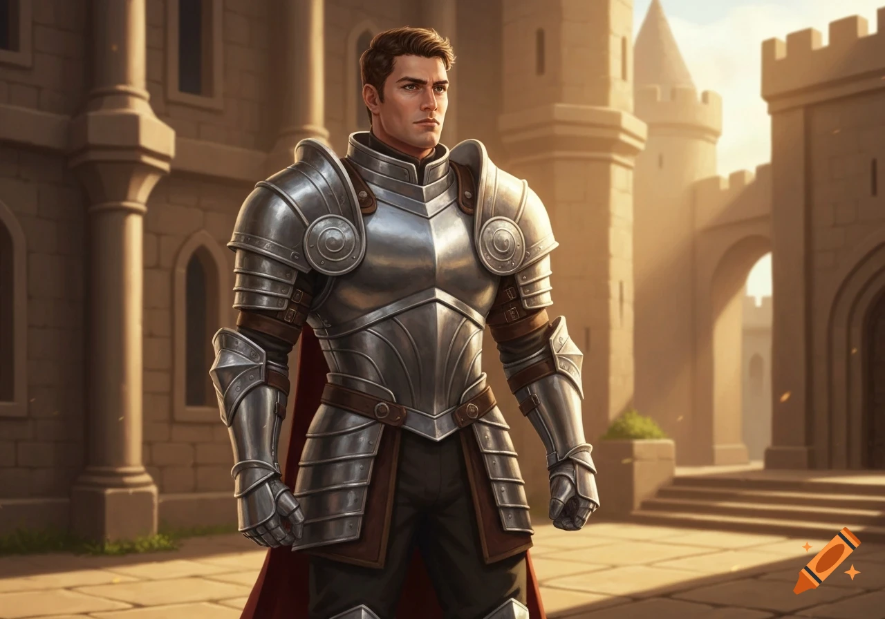 A handsome knight in shining silver armor and a red cape stands in front of a stone castle at sunset.