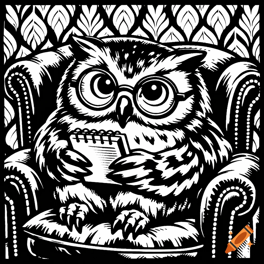 A black and white stylized illustration of an owl with glasses sitting in an armchair, holding a notepad.