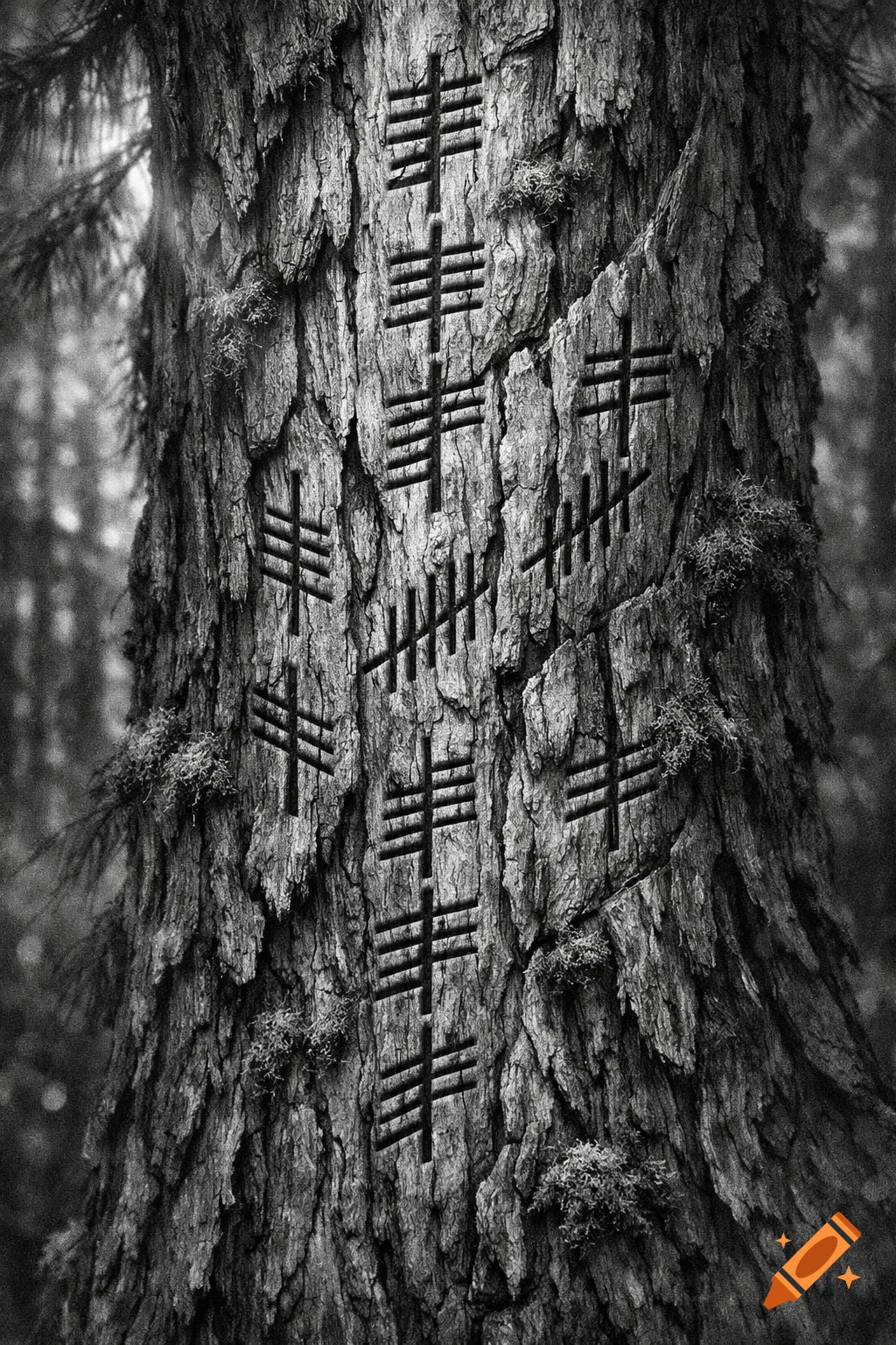 A close-up, black and white shot of a pine tree trunk with Ogham-like tally marks carved into its rough bark, in a forest setting.