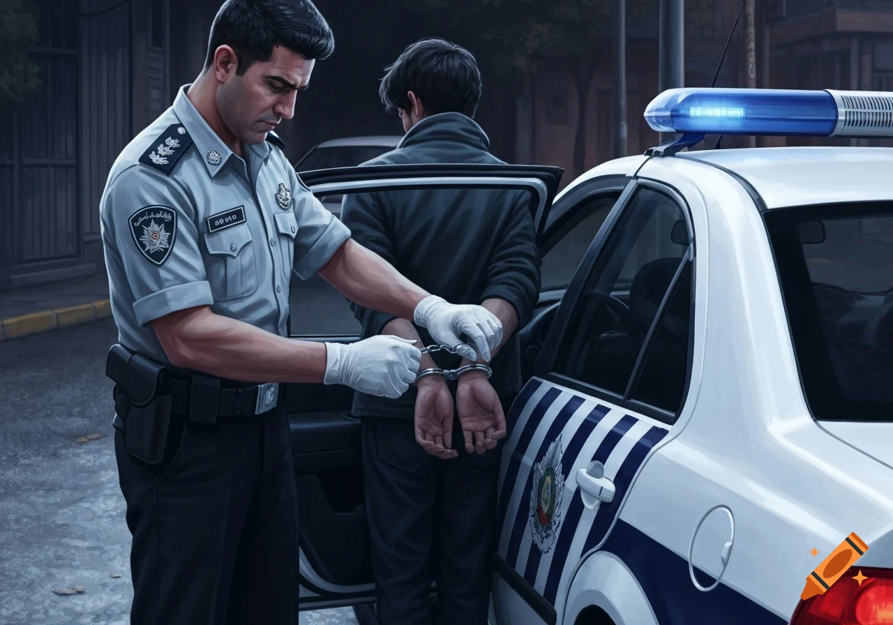 A stylized image of a police officer in uniform wearing white gloves, handcuffing a person next to a white and blue police car at night.