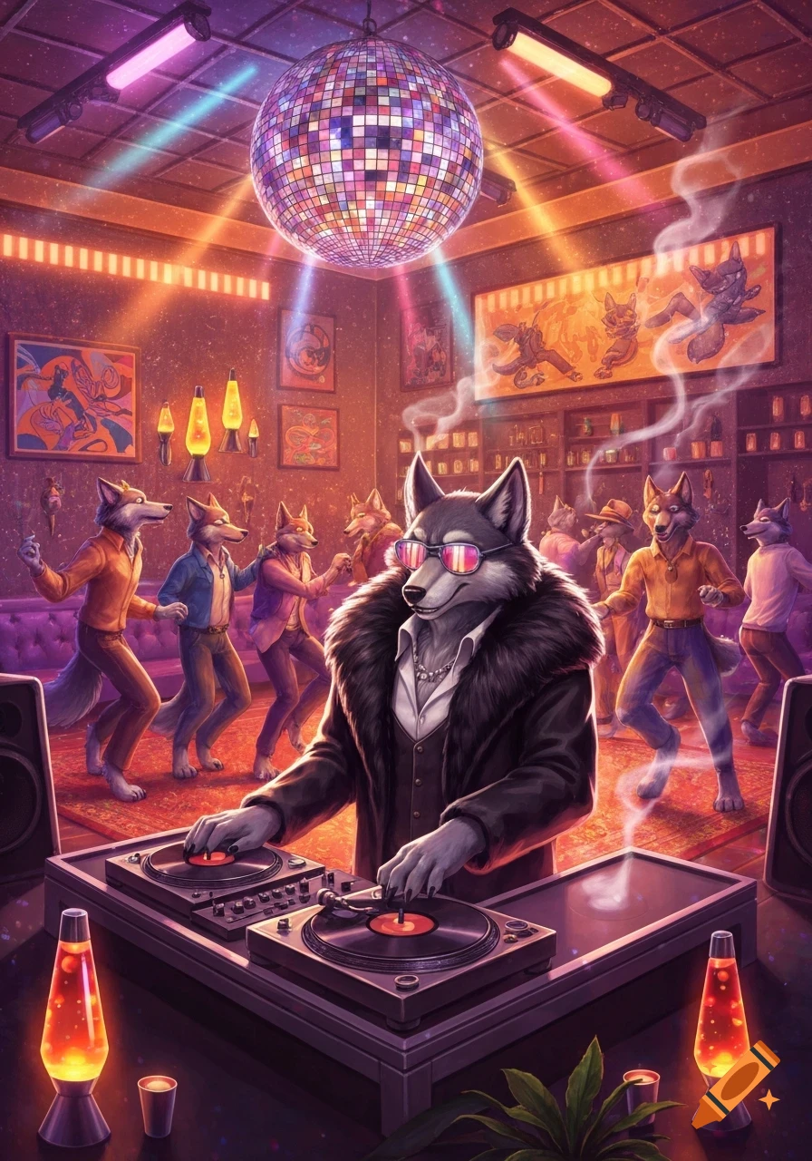 Anthropomorphic wolves dance and DJ at a vibrant disco club with a sparkling disco ball and colorful lights.