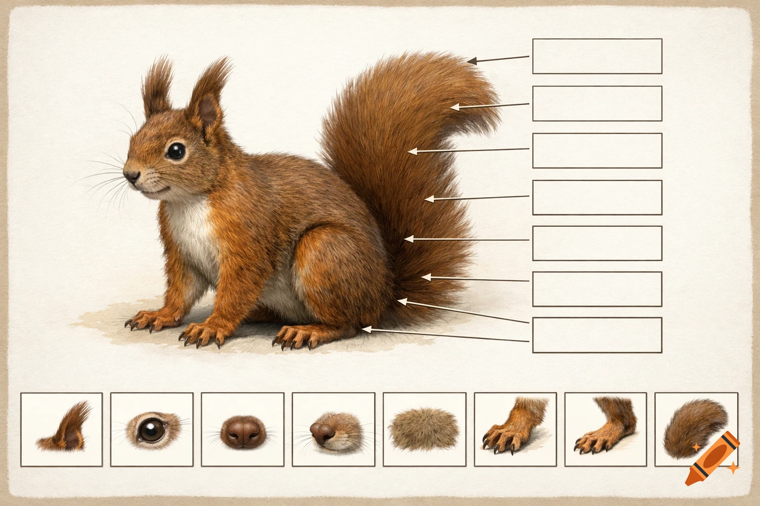 A realistic brown squirrel diagram with arrows pointing to empty boxes for labels, and a row of small images of squirrel body parts below.