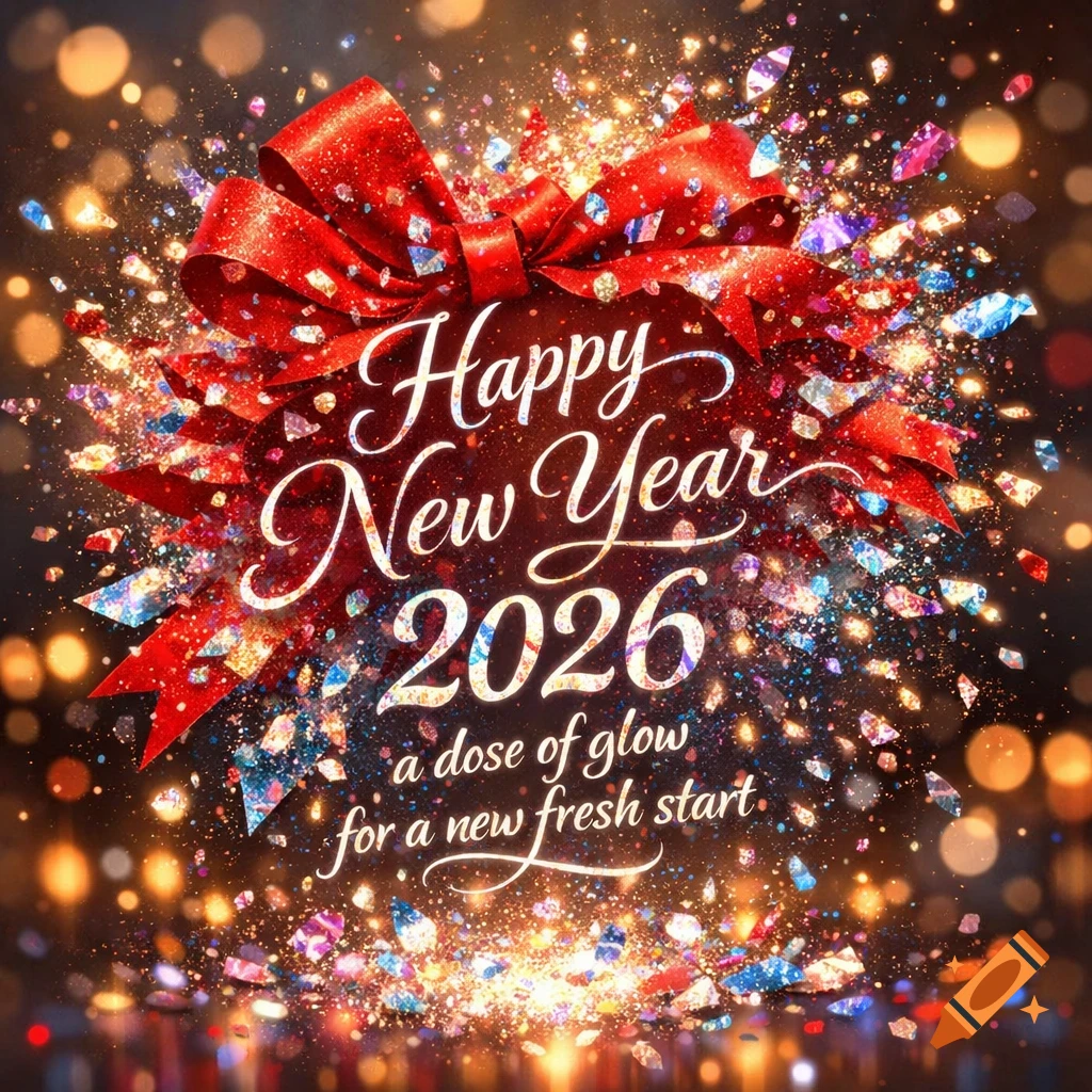 Happy New Year 2026 greeting card with a red bow, sparkling confetti, and glowing lights.