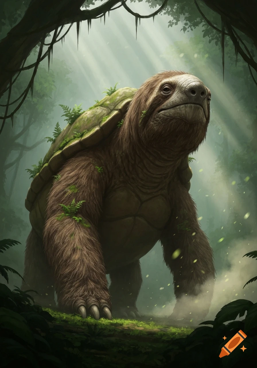 A large, furry sloth-like creature with a turtle shell on its back ...