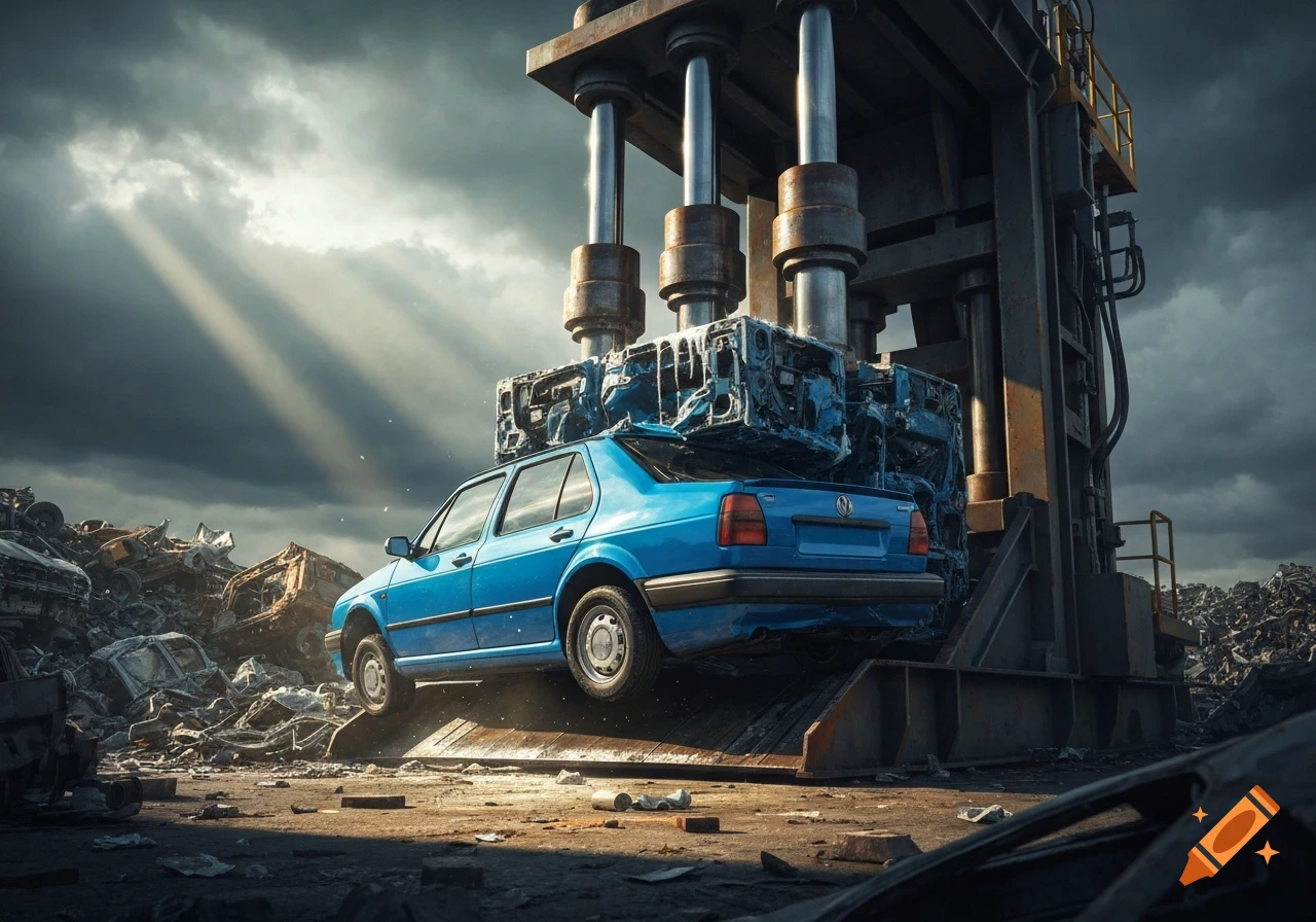A blue VW Jetta sedan is being crushed by an industrial car press in a junkyard under a dramatic, cloudy sky.