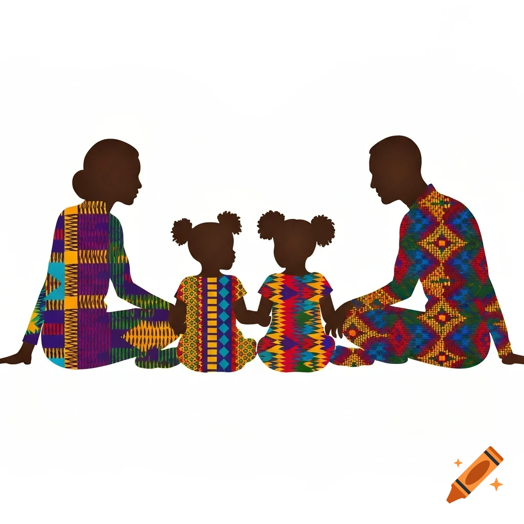 Family silhouette illustration: mother, father, and two daughters in colorful African wax print patterns on a white background.