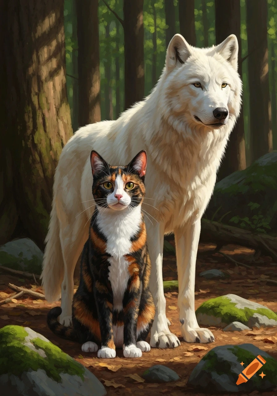 A calico cat and a white wolf stand side-by-side in a sun-dappled forest, rendered in a painterly style.