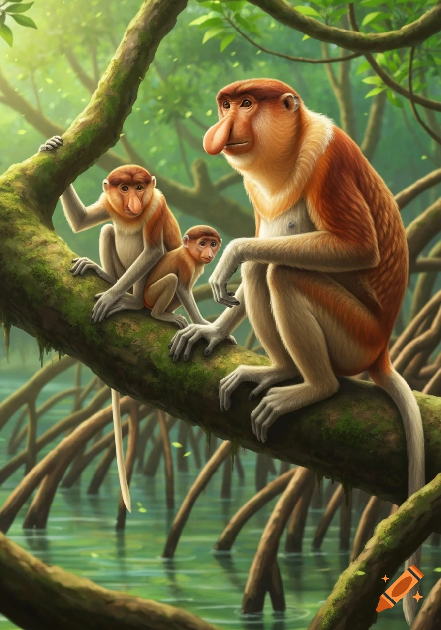 Three proboscis monkeys, an adult and two juveniles, perch on a mossy tree branch over green water in a lush jungle.