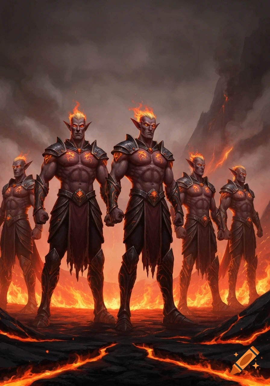 Five muscular fire lords with elf ears stand in a fiery, volcanic landscape under a dark sky, in a detailed fantasy art style.