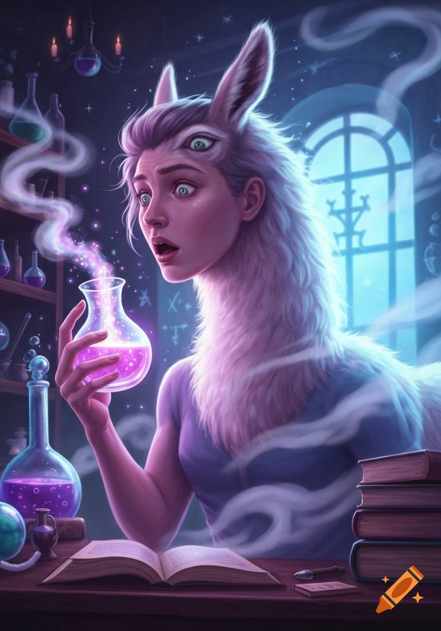 A surprised human-llama hybrid with three eyes and rabbit ears holds a glowing purple potion in a fantasy alchemy lab.