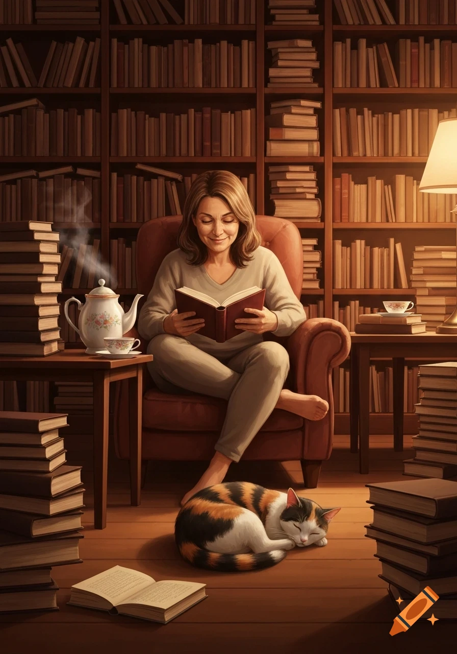 A woman reads a book in a cozy armchair in a library, with a sleeping calico cat at her feet, surrounded by bookshelves and stacks of books.