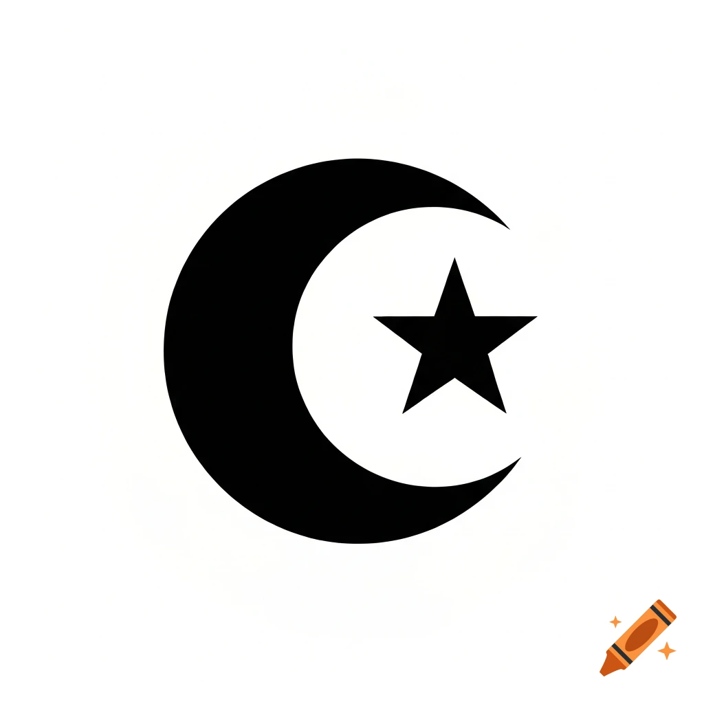 A black crescent moon and a five-pointed star symbol on a white background.