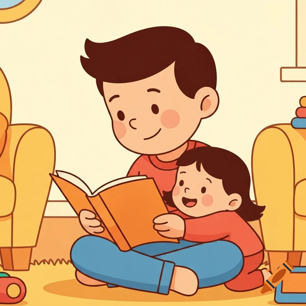 A children's book illustration of an older brother reading to his happy little sister while sitting on the floor.