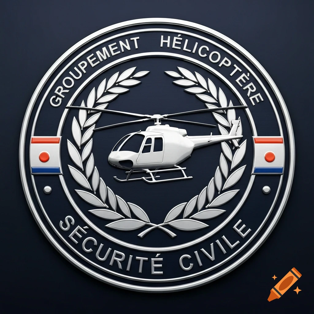 A 3D metallic emblem for 'Groupement Hélicoptère Sécurité Civile' with a white helicopter, laurel wreaths, and small flags.