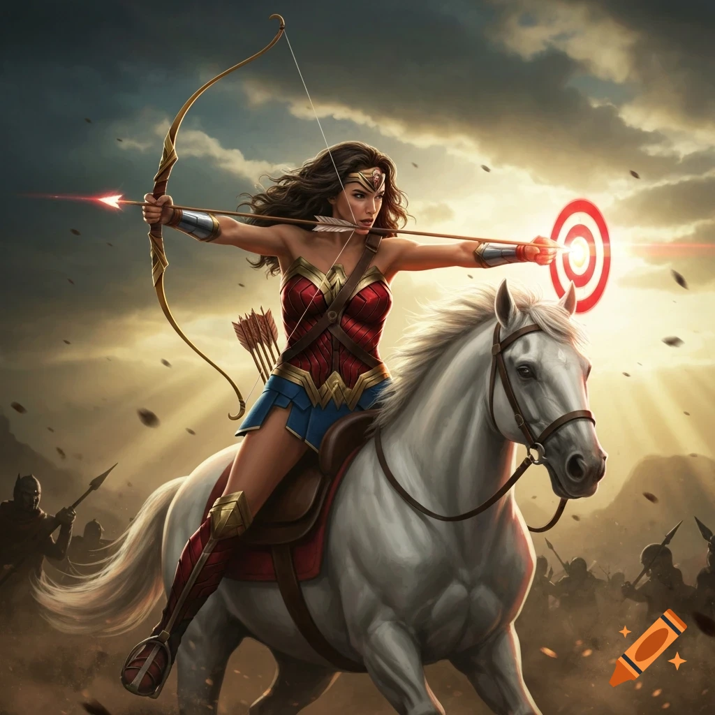 Wonder Woman on a white horse, shooting a glowing arrow at a red target in a dramatic battle scene.