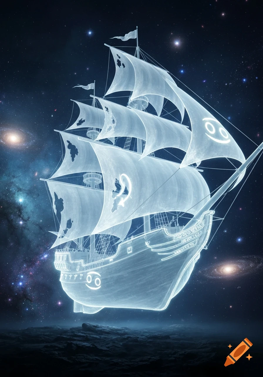 A glowing, ethereal ghost ship with Cancer zodiac symbols on its sails floats over a rocky alien landscape, set against a star-filled galaxy.