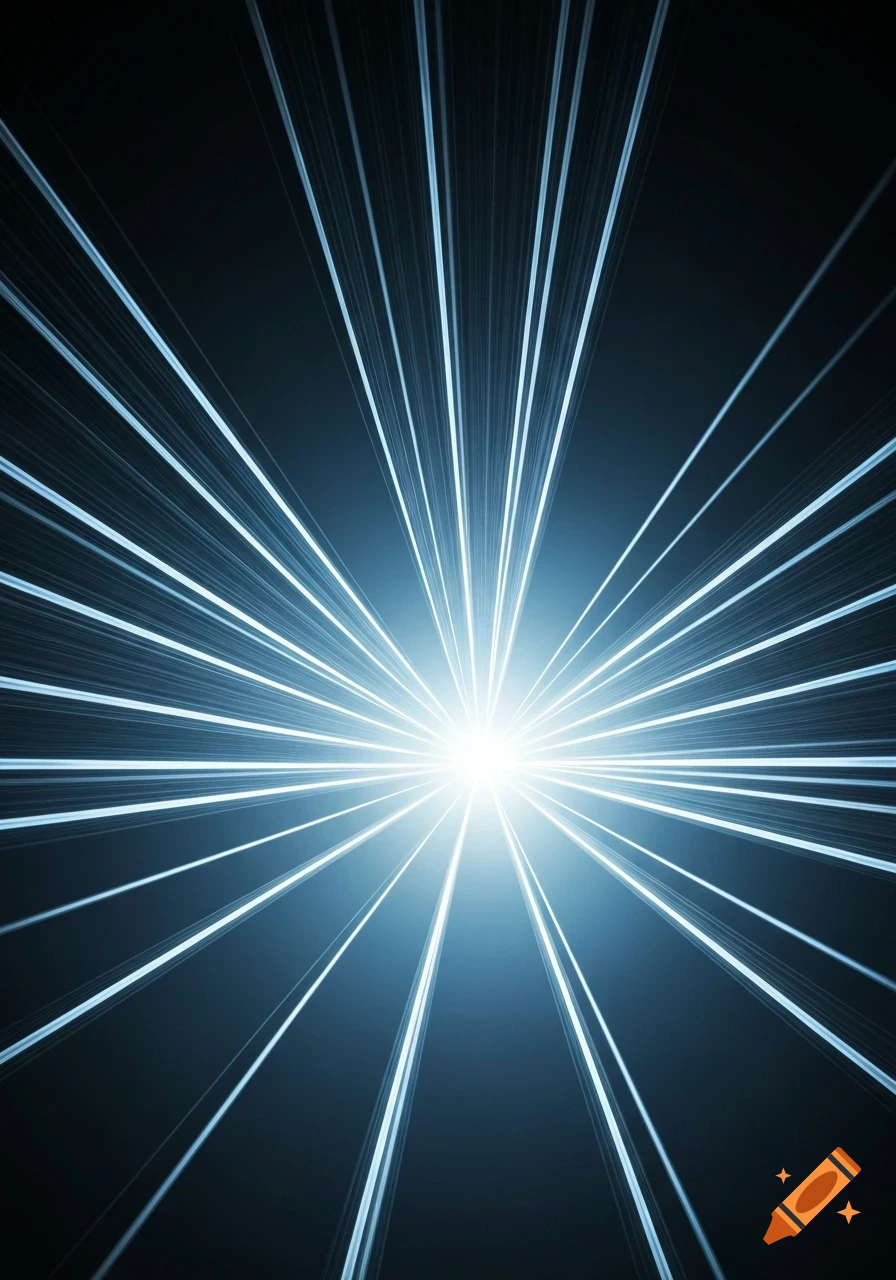 Bright white light bursts from the center with numerous blue-white data streams radiating outwards on a dark background.