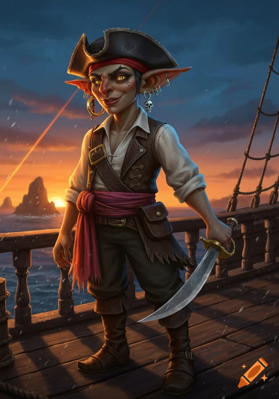 A stylized digital art portrait of a grinning goblin pirate with yellow eyes and pointy ears, holding a cutlass on a ship deck at sunset.