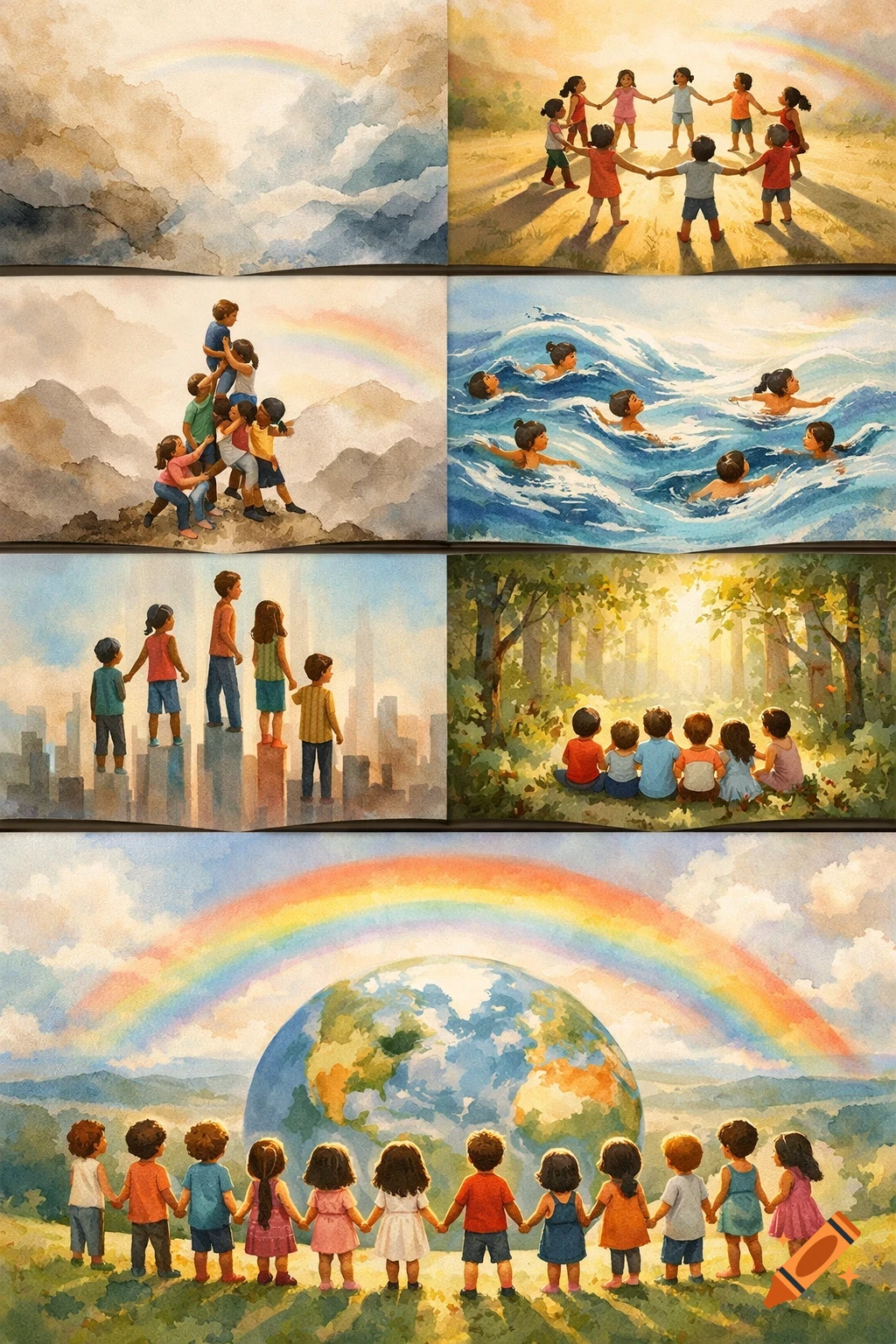 Watercolor collage of diverse children playing, interacting, and holding hands around a globe with a rainbow, symbolizing unity.