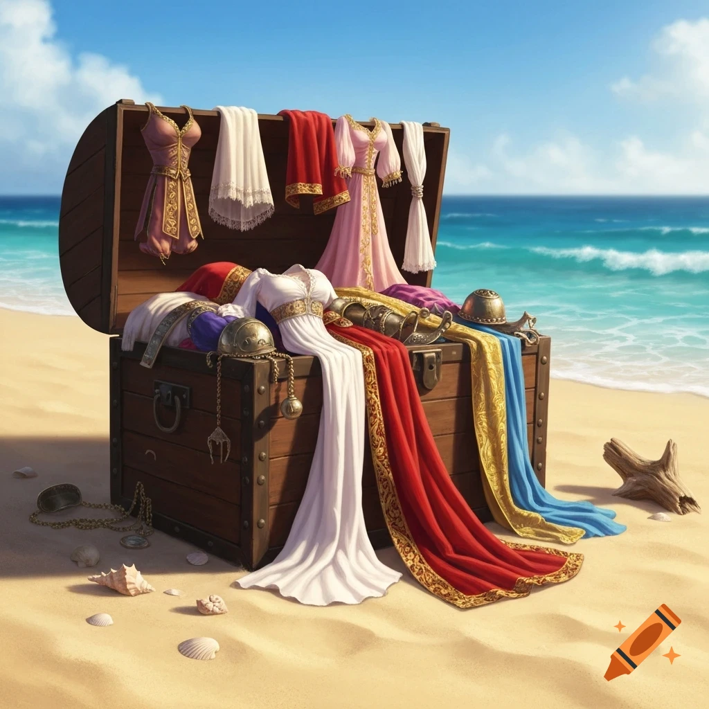 A wooden pirate's chest overflowing with colorful exotic costumes and clothing on a sandy beach by the ocean under a blue sky.