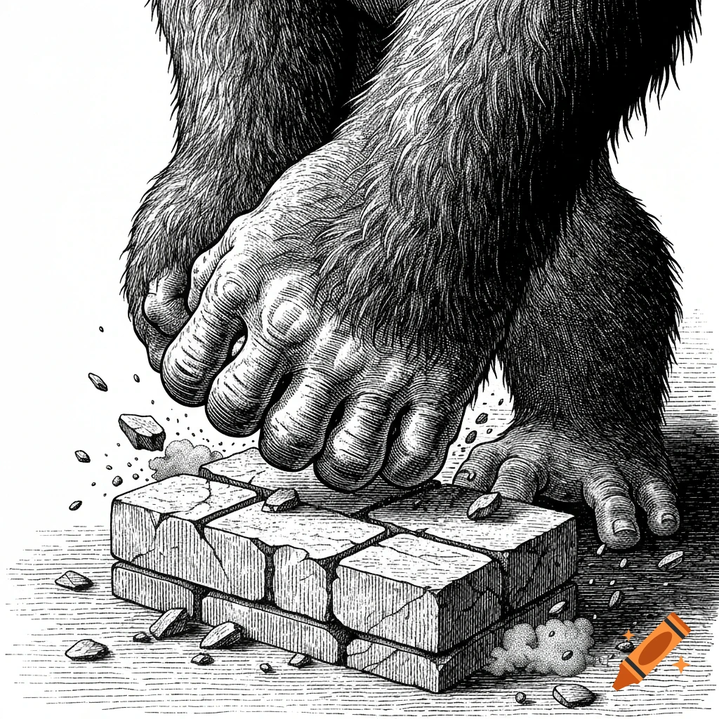A detailed engraving shows a hairy gorilla foot smashing and crumbling a stack of bricks into pieces.