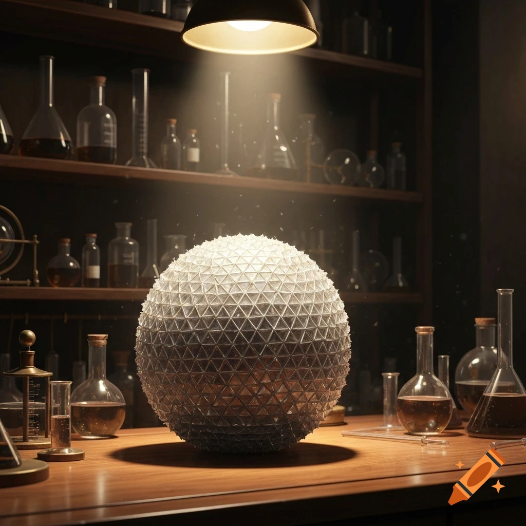 A large, silver spherical object covered in triangular scales sits on a wooden lab table, illuminated by a lamp, with beakers and flasks in the background.