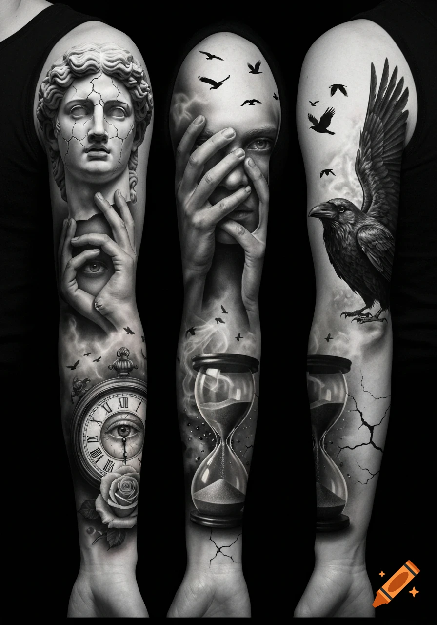 Hyper-realistic black and grey tattoo sleeve featuring a cracked Greek statue, hands, eyes, a clock, an hourglass, a raven, and birds on an arm.