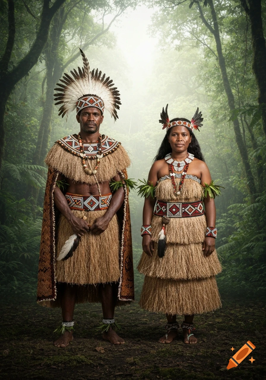 Two photorealistic Melanesian people in elaborate traditional clothing with feather headdresses and beadwork stand in a lush forest.