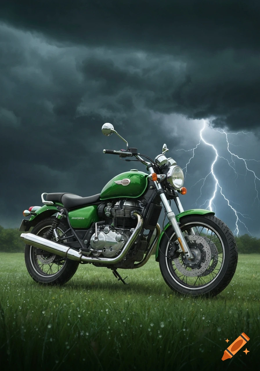A vibrant green motorcycle with chrome accents parked in a wet grassy field under a dramatic, dark stormy sky with lightning striking.