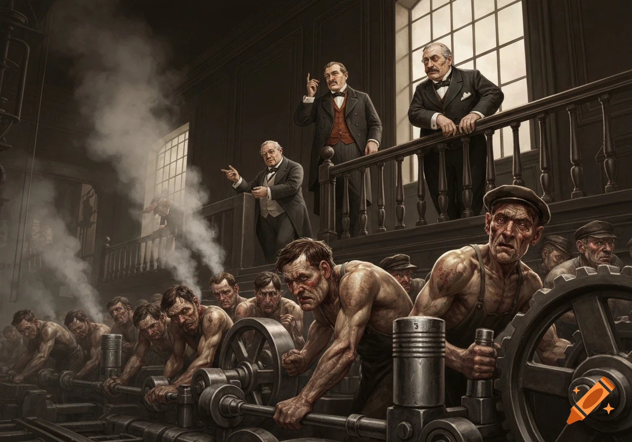 An illustration of working men toiling at machinery in a smoky industrial factory while wealthy overseers observe from a balcony above.