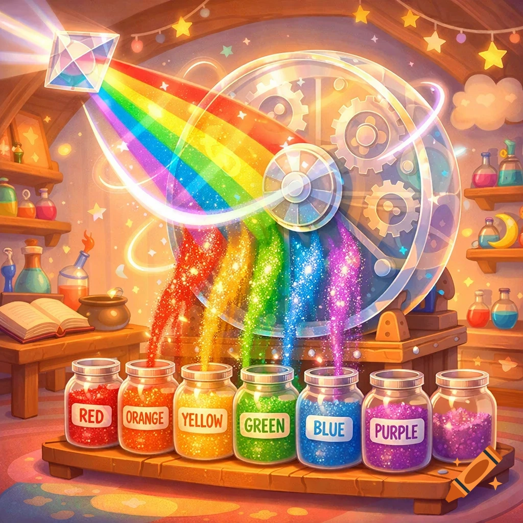 A magical workshop interior with a diamond prism splitting light into a rainbow, which a machine transforms into sparkling colored powders falling into labeled jars.
