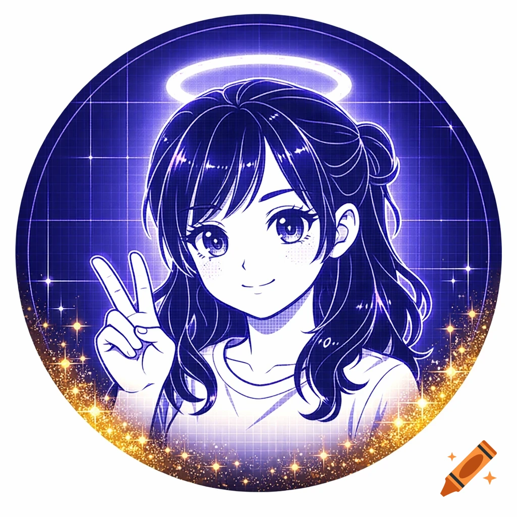 An anime girl with dark hair, a glowing white halo, and a white shirt making a peace sign, set against a purple blueprint background with gold sparkles.