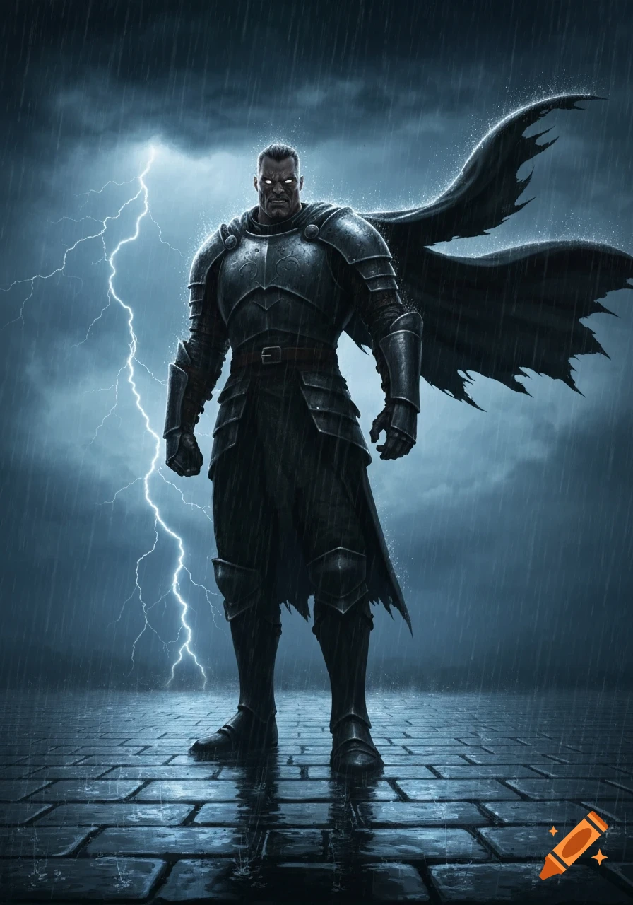 A dark knight in heavy armor stands under a stormy, rainy sky, illuminated by lightning, on a wet cobblestone ground.