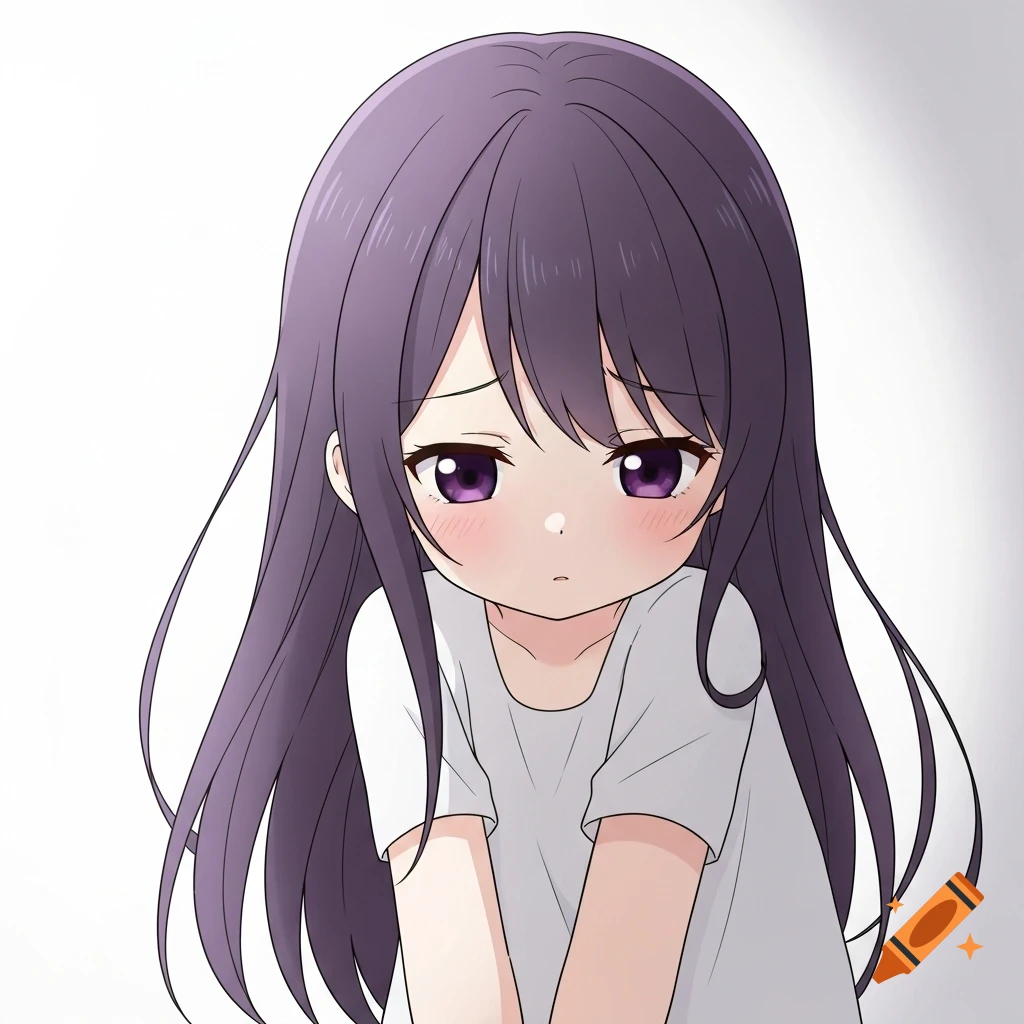 Shy anime girl with long dark purple hair and dark purple eyes, looking down with flushed cheeks.
