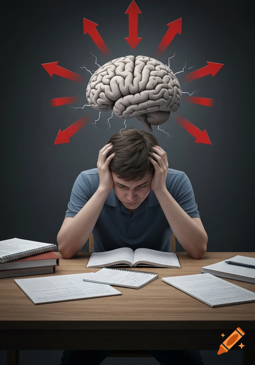 A student sits at a desk, head in hands, looking stressed. Above their head, a brain with red arrows pointing towards it, symbolizing mental pressure. Photorealistic style.