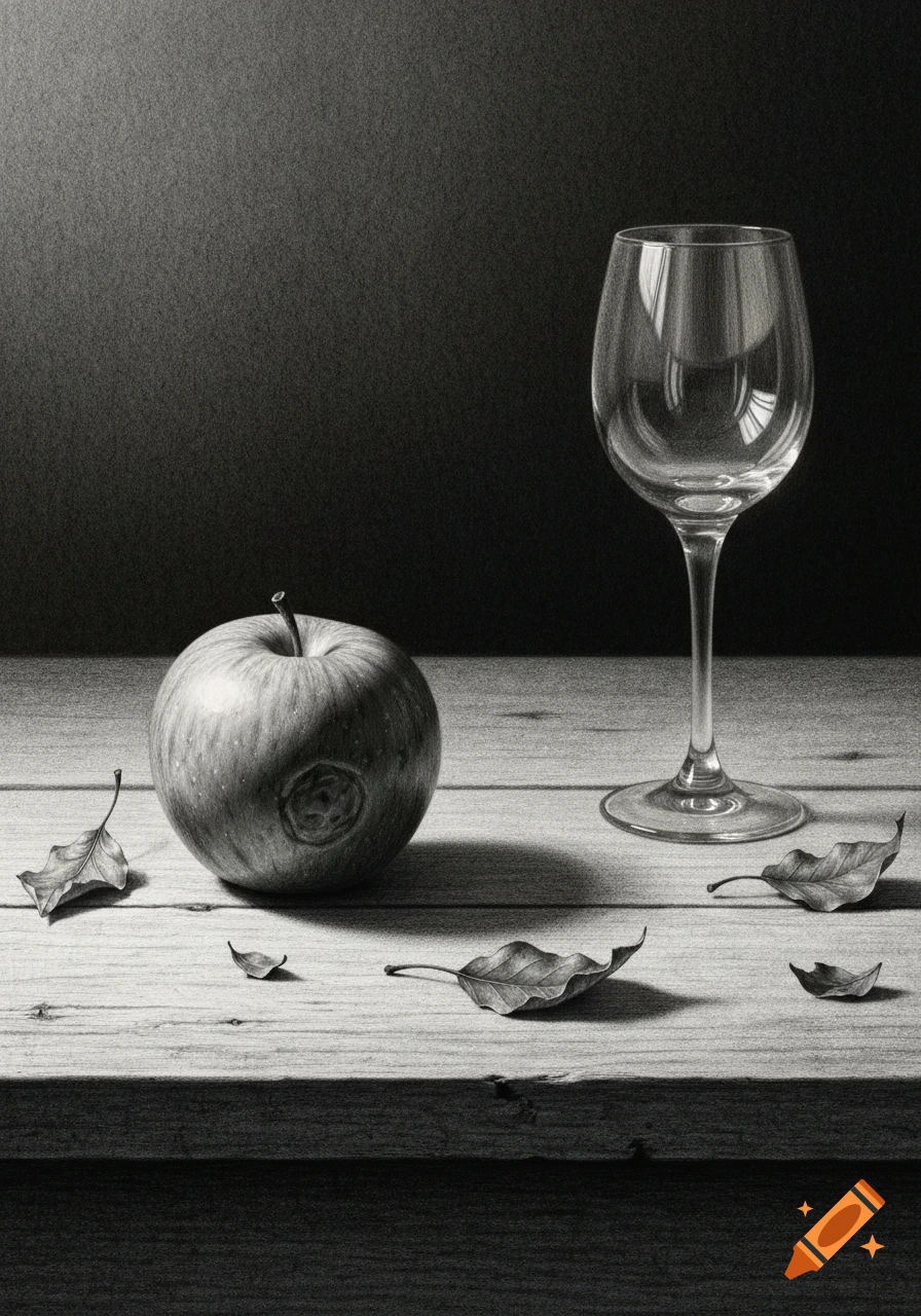 Detailed black and white pencil drawing of an apple, wine glass, and scattered leaves on a wooden table.