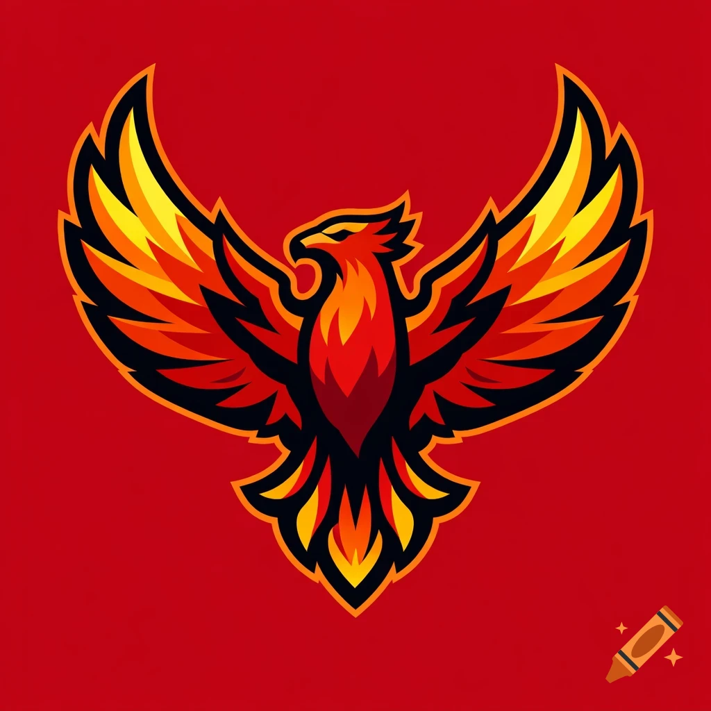 A stylized phoenix logo with outstretched wings, featuring orange and yellow flame-like feathers, outlined in black on a solid red background.
