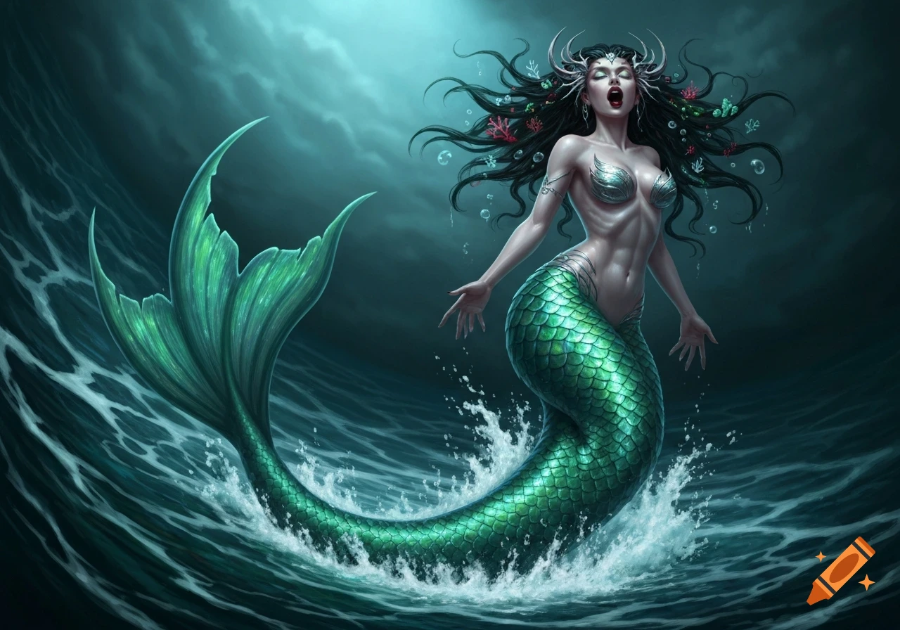 A dramatic, dark-haired mermaid with a silver shell top and green scales rises from dark ocean waves, mouth open.