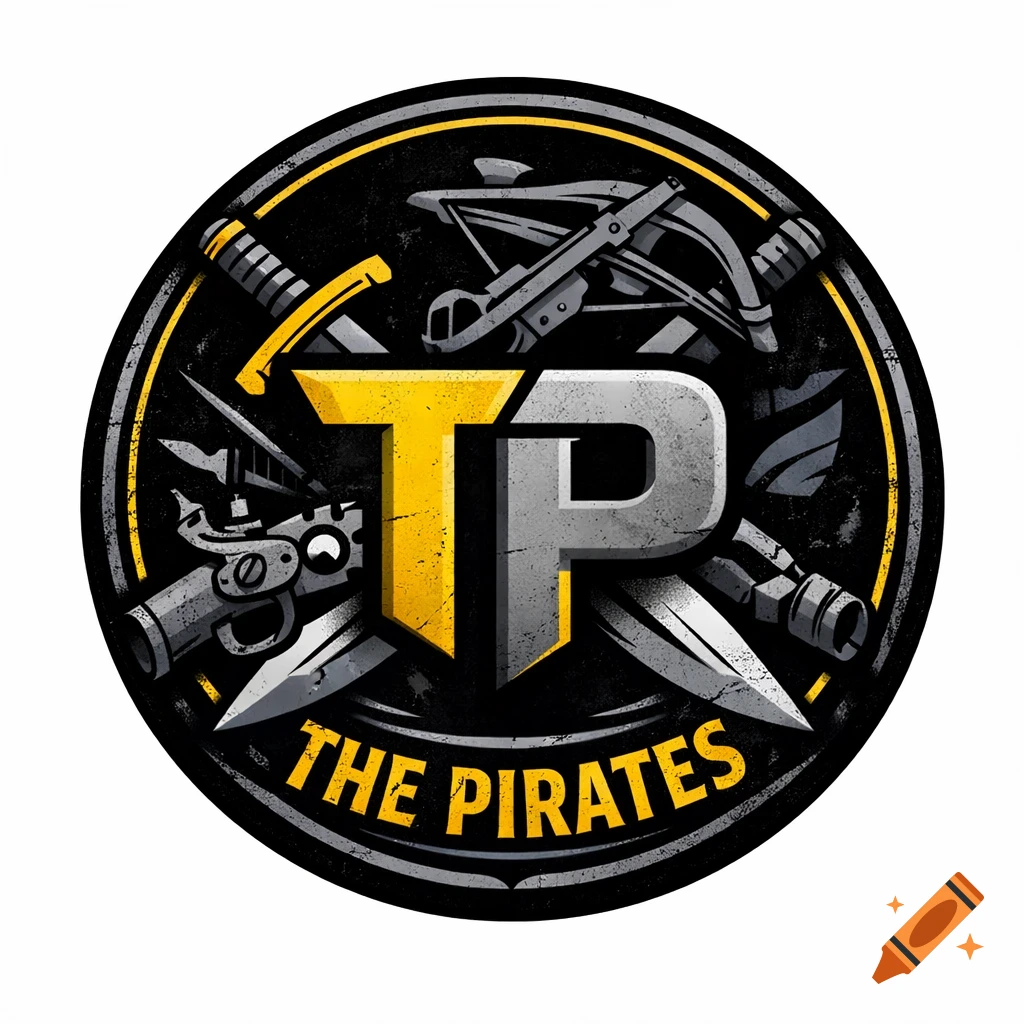 A circular gaming logo featuring a large yellow 'T' and grey 'P' in the center, surrounded by stylized medieval weapons like swords, a crossbow, and a flintlock pistol. The words 'THE PIRATES' in yellow arch across the bottom.