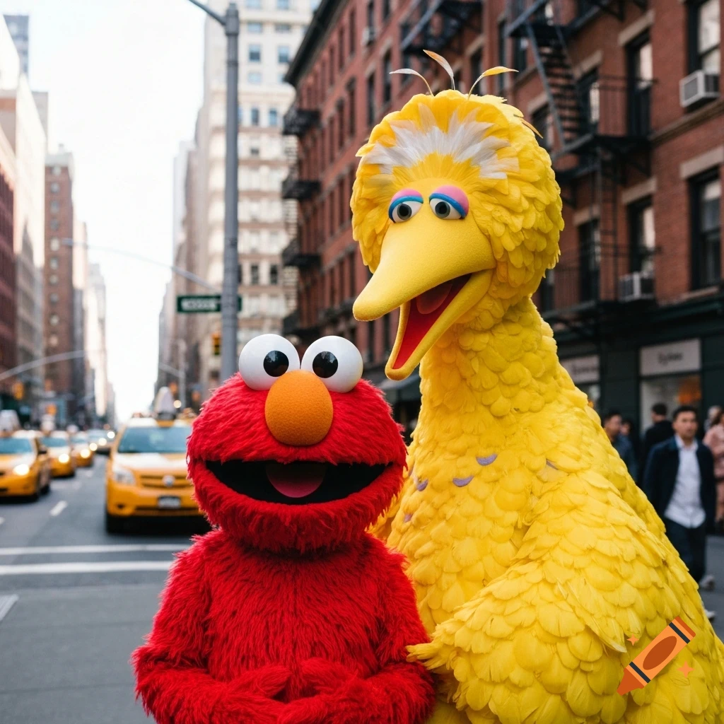 Photorealistic image of Elmo and Big Bird mascots standing on a New York City street with yellow cabs.