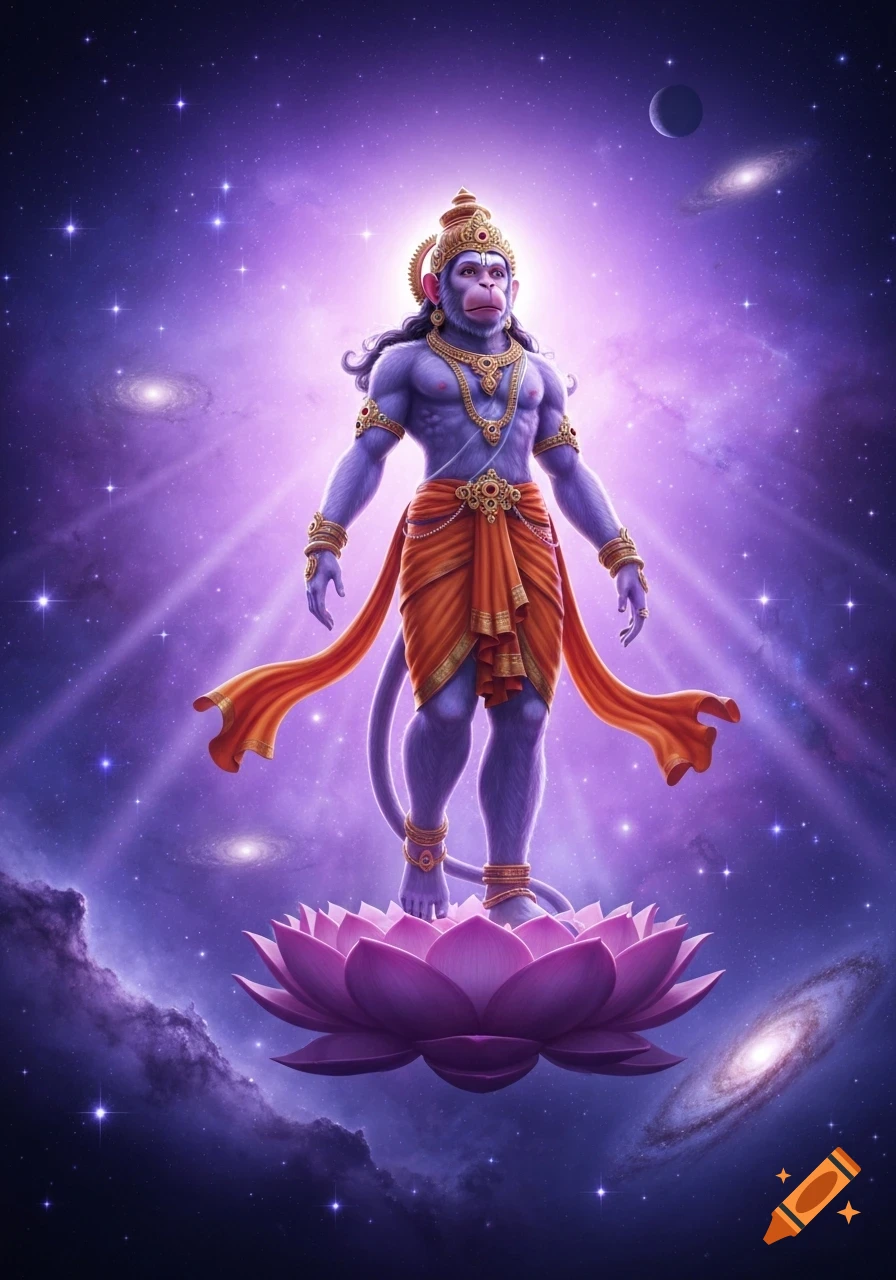 A purple, monkey-like deity (Hanuman) in gold attire stands on a pink lotus, illuminated by light in a starry purple cosmos.