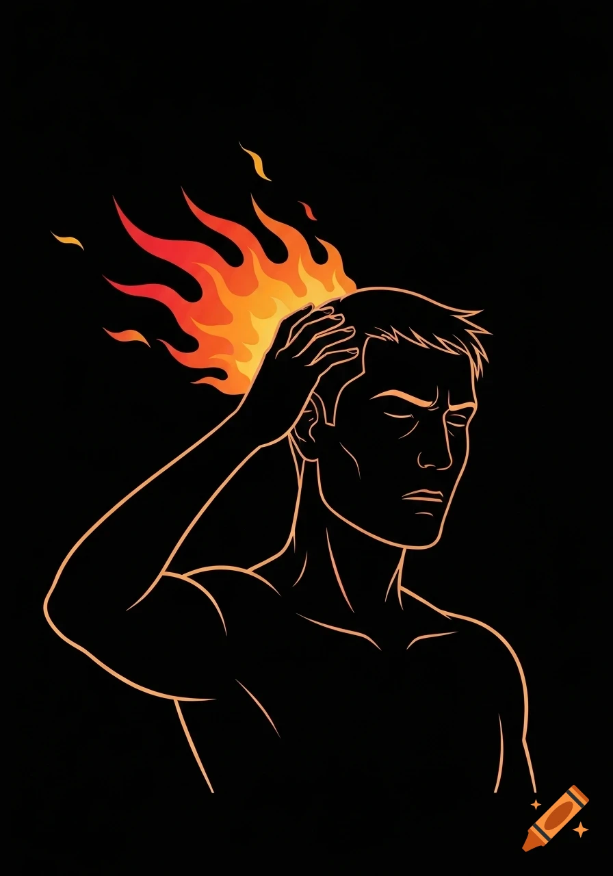 Simple cartoon illustration of a man with an orange outline, holding his head, with flames coming from his hair on a black background.